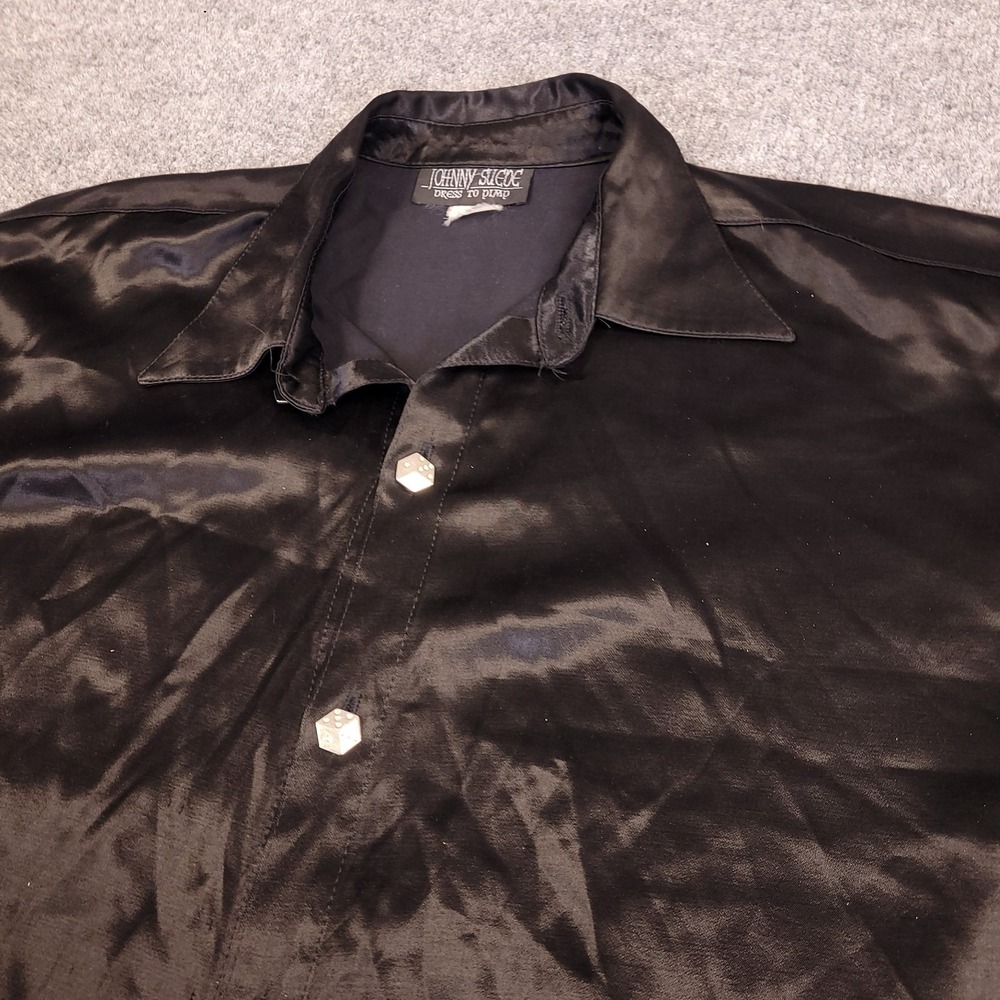 Vintage Johnny Suede Mens L Black Satin Flame Embroidered Dice Buttons Retro Y2K